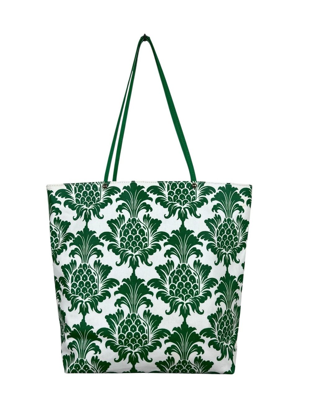 Charming Charlie Green & White Pineapple Damask Tote Bag 17x14 EUC